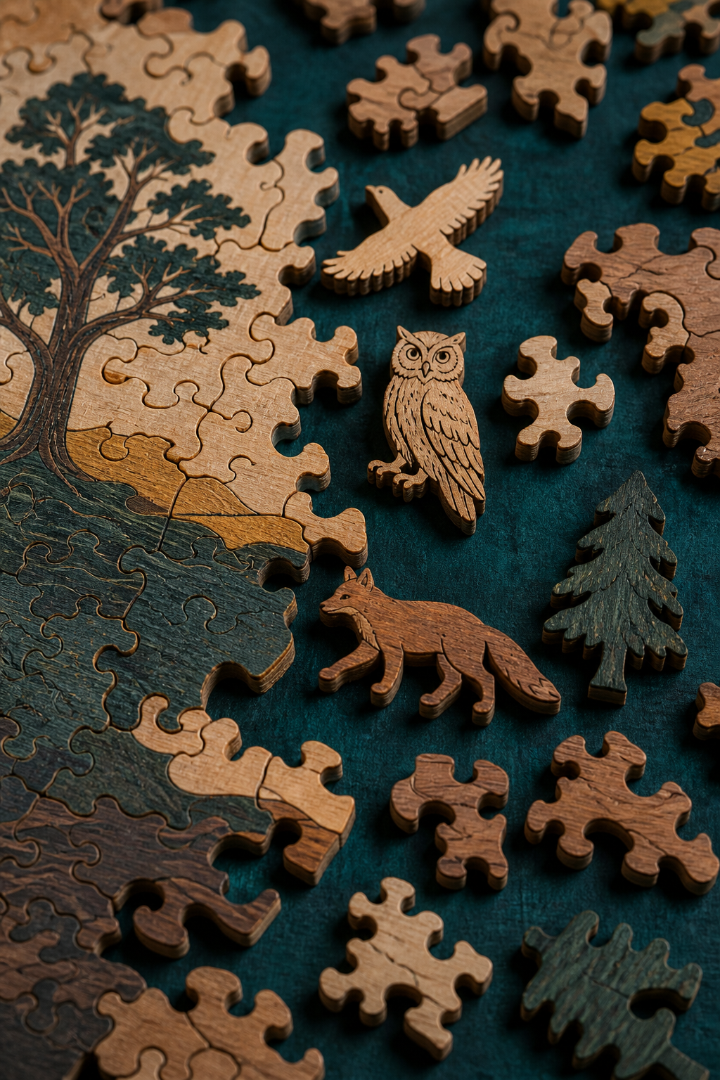 Intricately cut premium wooden jigsaw pieces with bird, owl, fox and tree whimsies